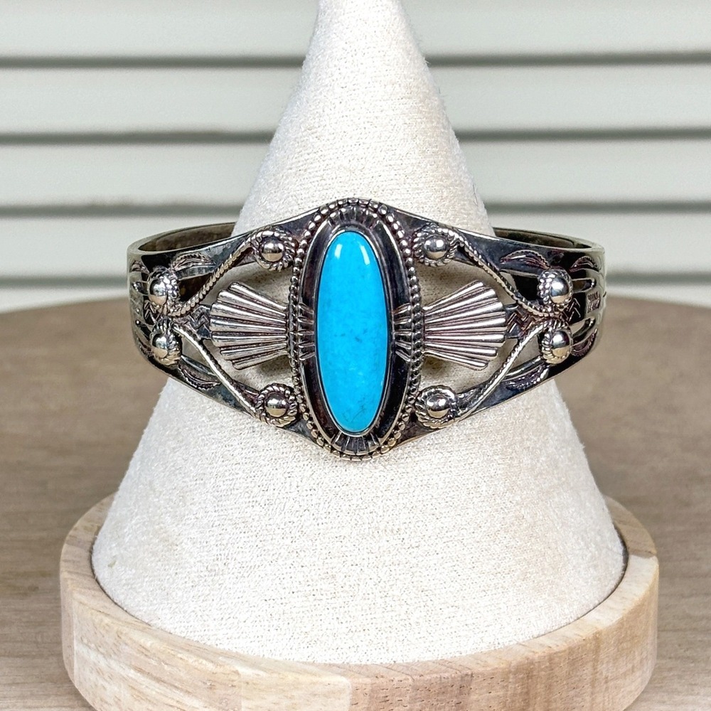90s Dakota West Shube Southwest 925 Sterling Silver Blue Turquoise Cuff Bracelet